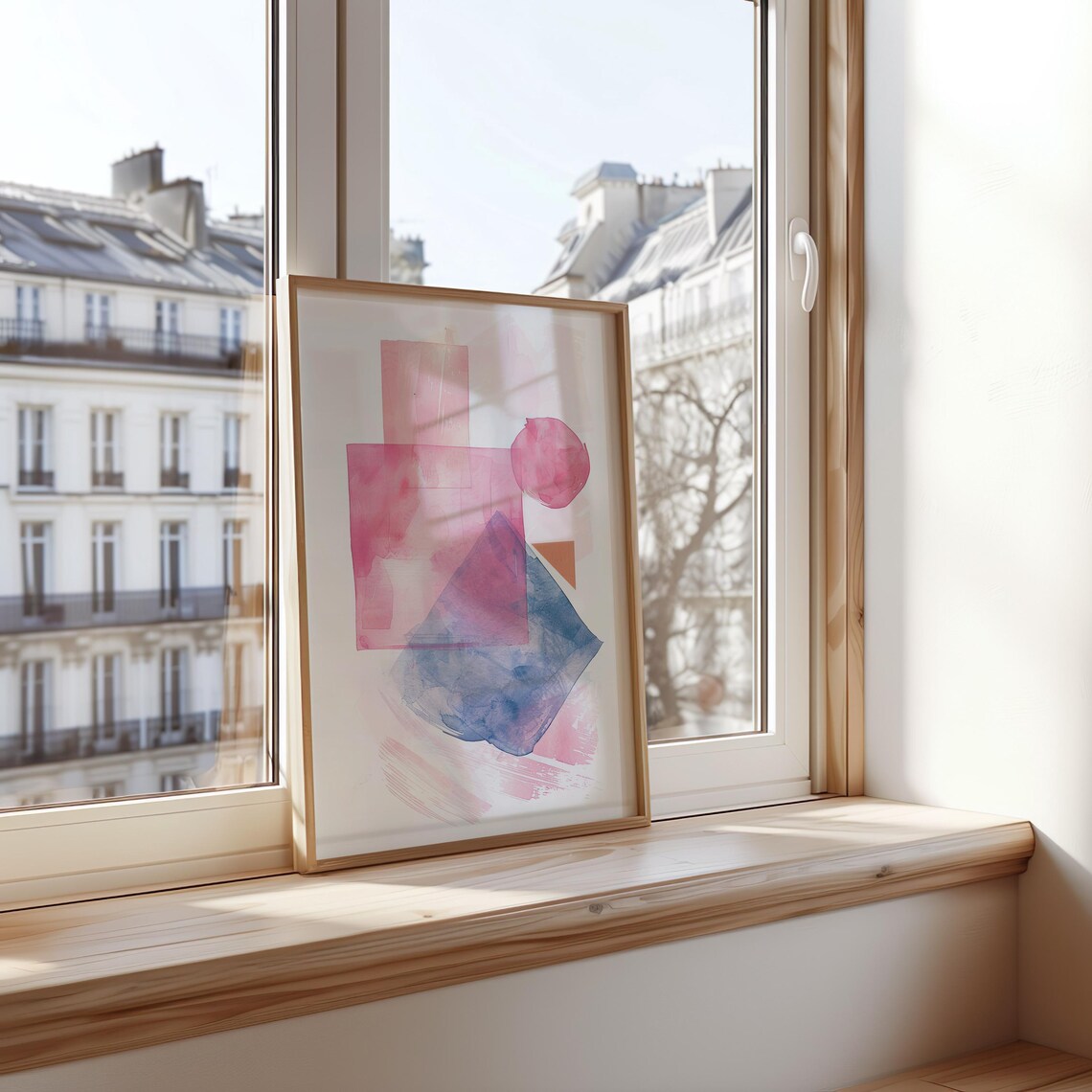Geometric Shapes Watercolor Pink Blue Modern Abstract Art Poster - Image 2