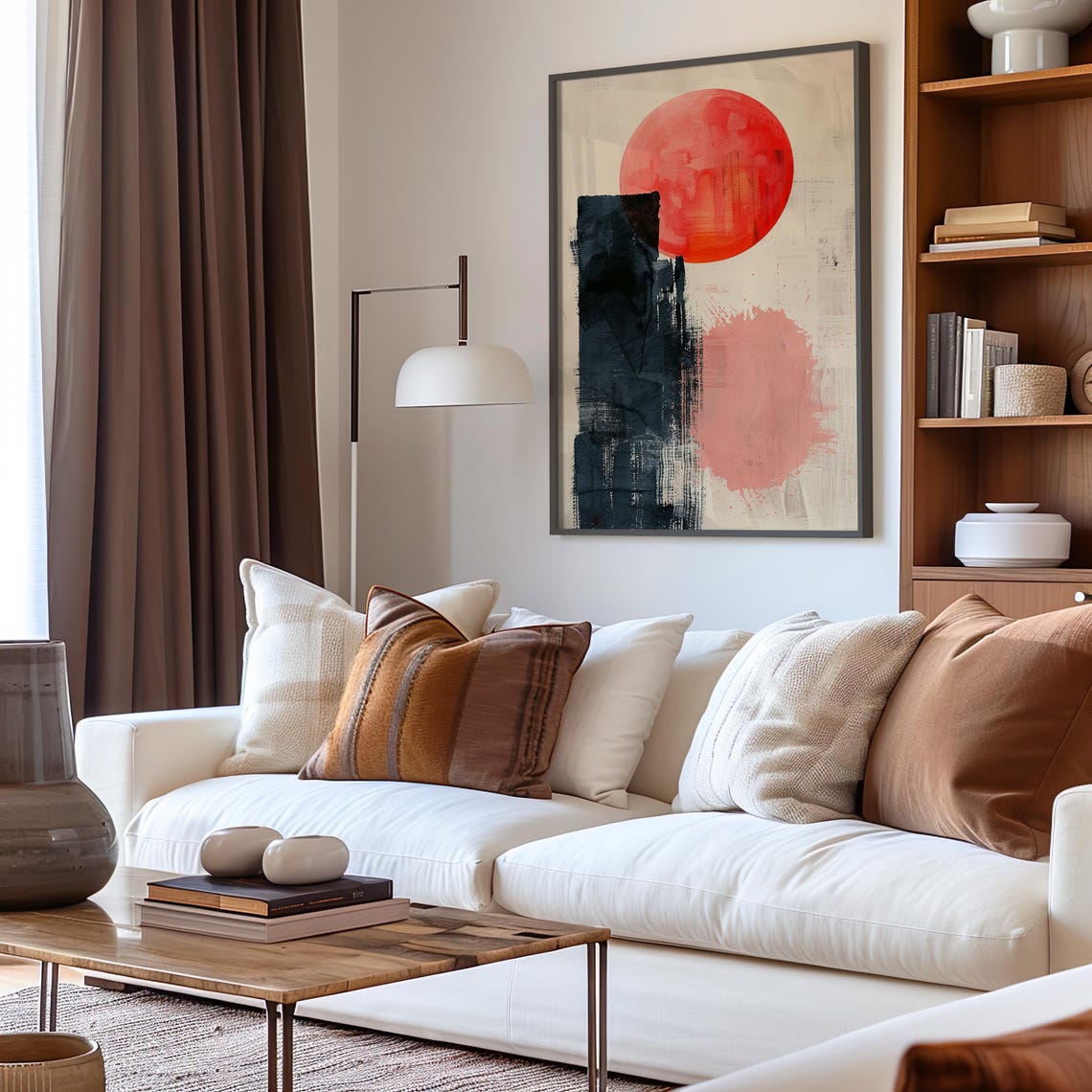 Red Sun Abstract Boho Watercolor Art Print with Black and Blush Blocks - Image 3