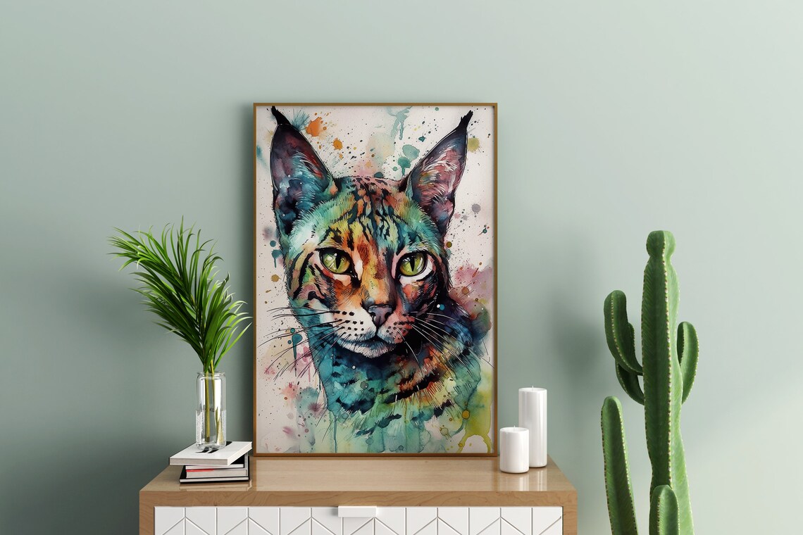 Wild Cat Watercolor Portrait Spotted Feline Splash Art Poster - Image 3
