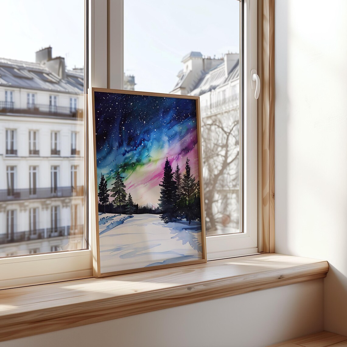 Northern Lights Watercolor Aurora Snowy Forest Winter Art Poster - Image 4