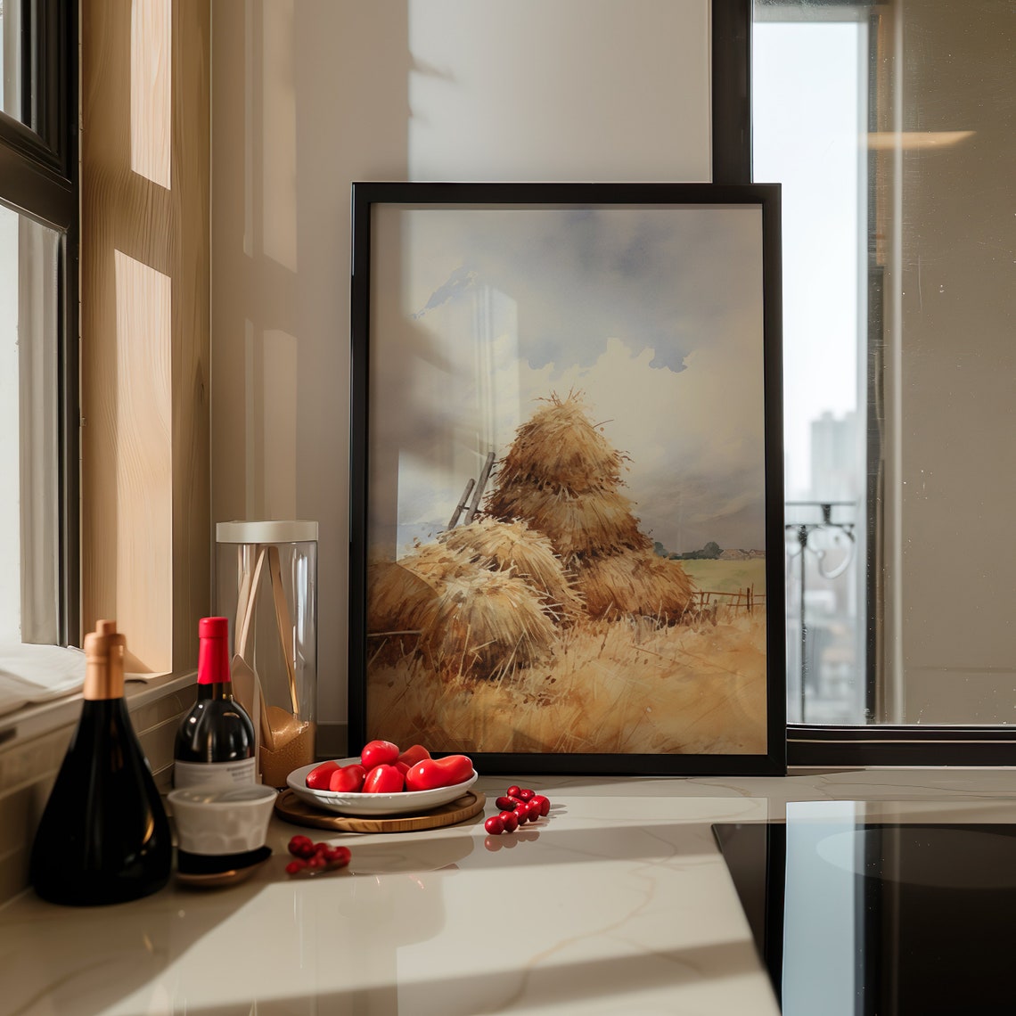 Golden Haystacks Watercolor Field Rustic Farm Harvest Scene Poster - Image 5