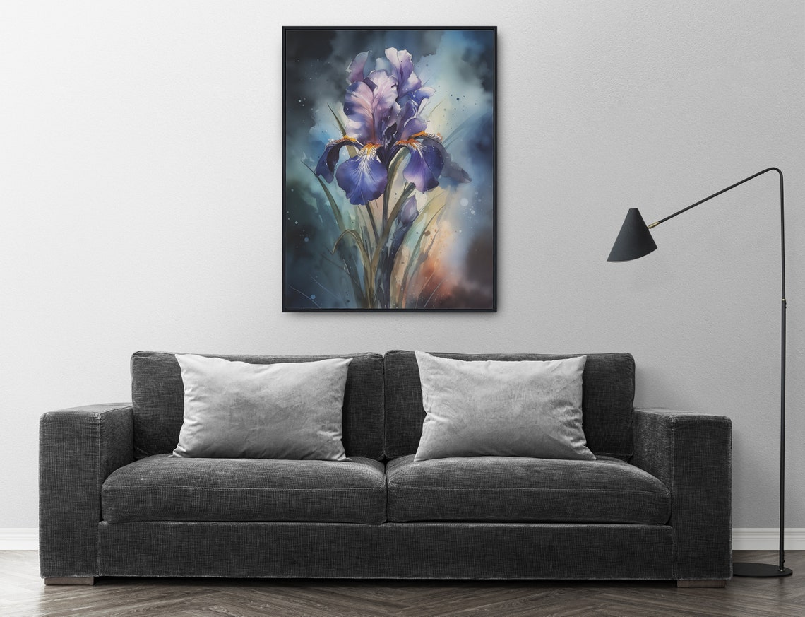 Dramatic Purple Iris Flower Dark Moody Botanical Watercolor Poster - Image 4