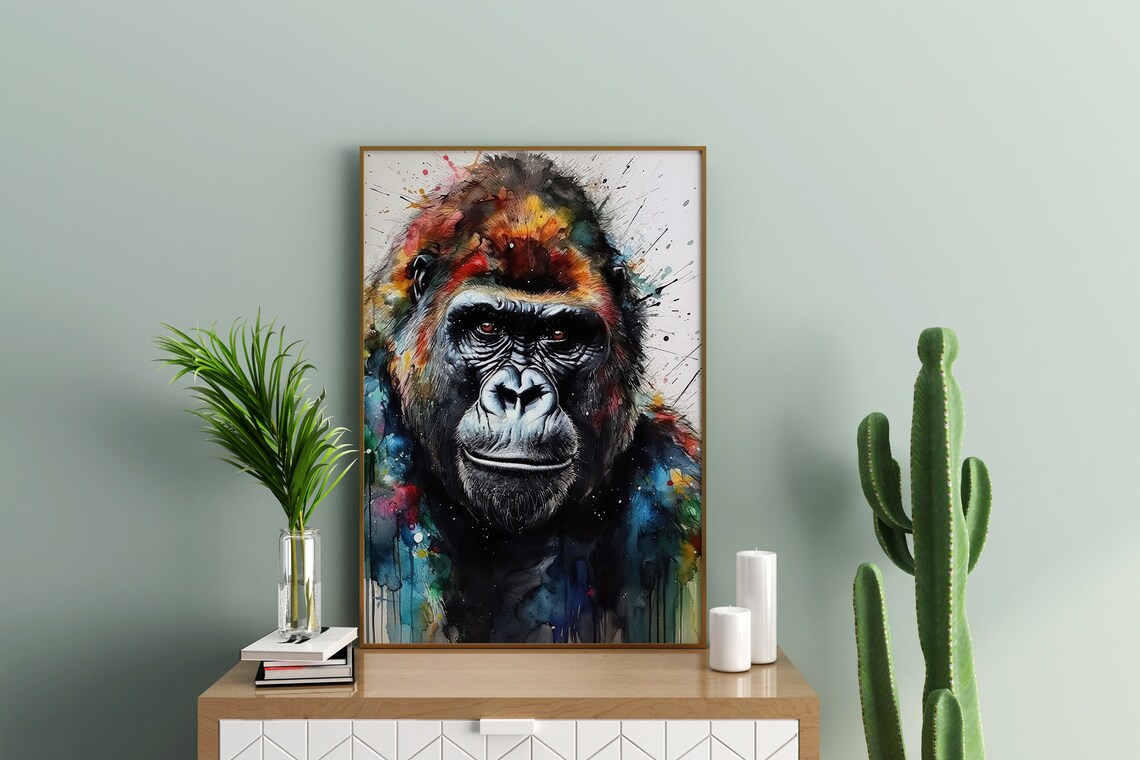 Majestic Gorilla Portrait Colorful Watercolor Wildlife Art Poster - Image 3