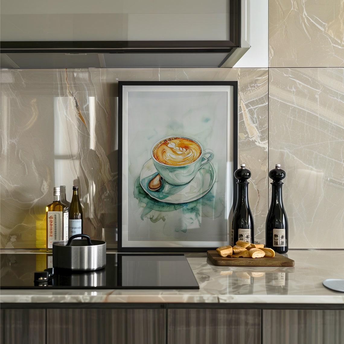 Latte Art Coffee Cup Watercolor Warm Cozy Kitchen Scene Poster - Image 2