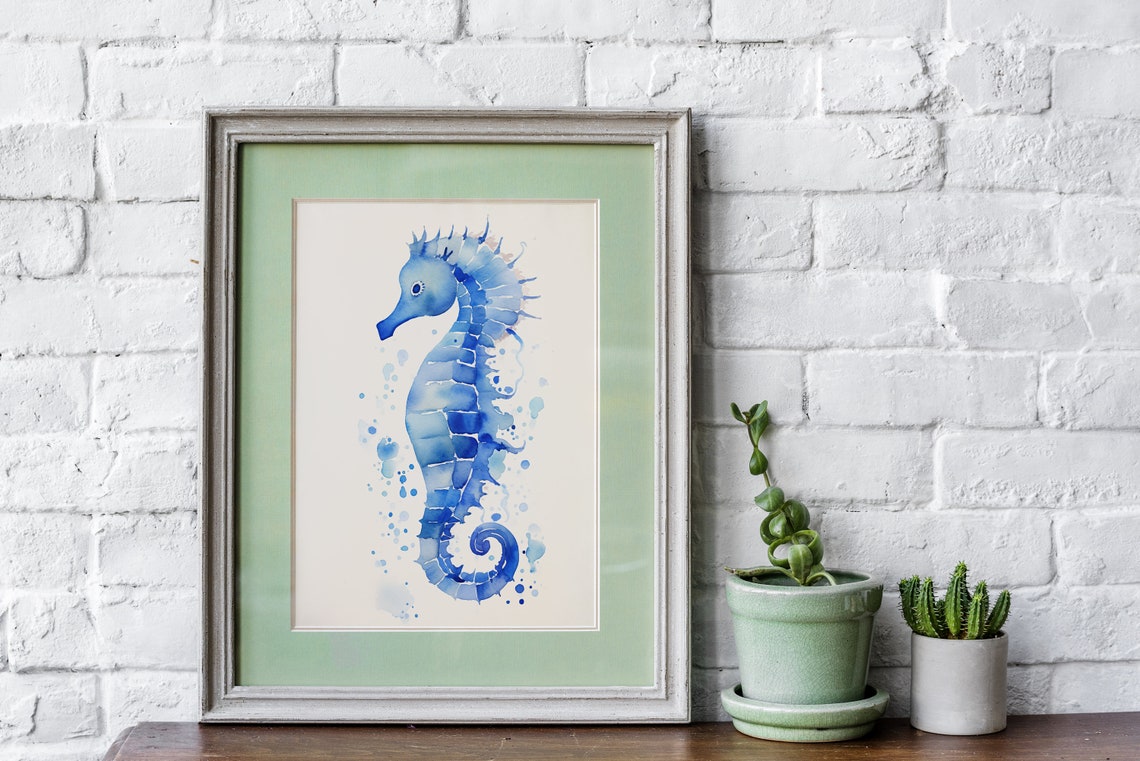 Blue Seahorse Watercolor Ocean Life Bubble Splash Art Poster - Image 3