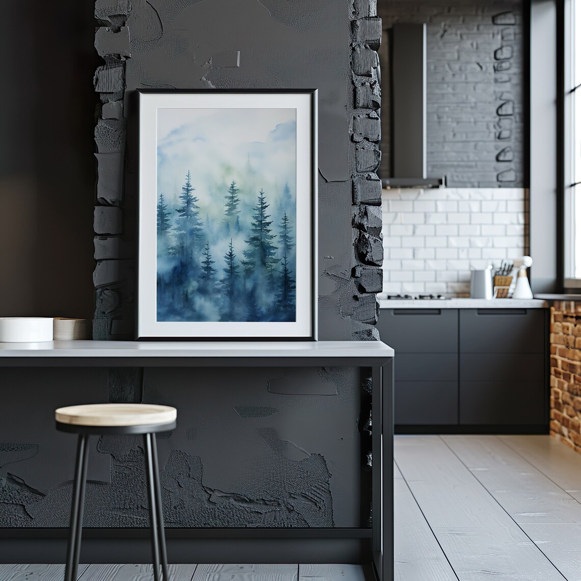 Blue Foggy Pine Forest Watercolor Painting Poster for Serene Spaces - Image 3