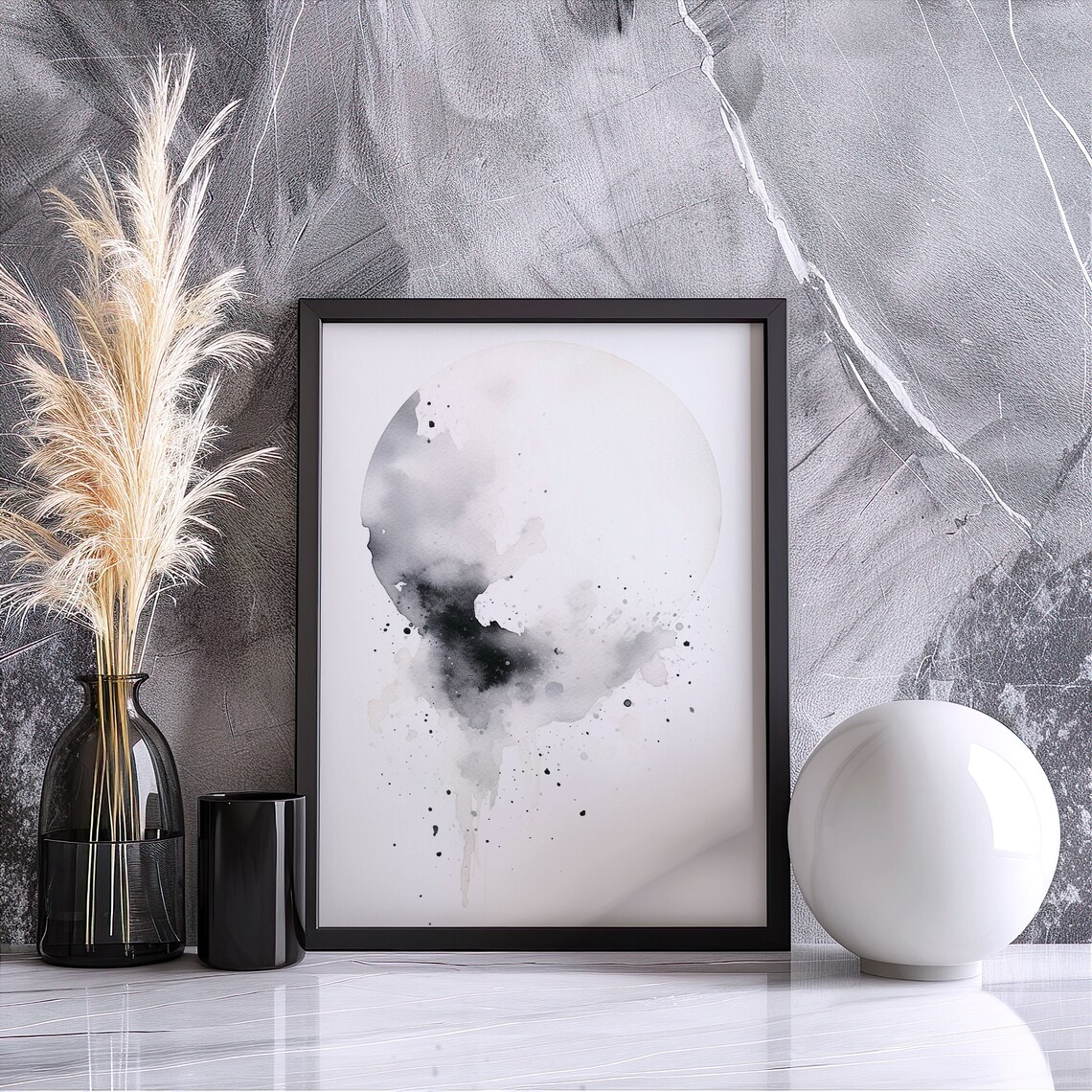 Black White Moon Watercolor Abstract Lunar Circle Minimalist Art Poster