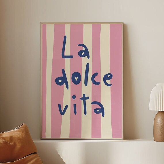 La Dolce Vita Pink Cream Striped Italian Typography Quote Poster