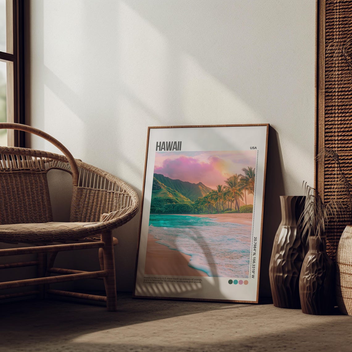 Hawaii Tropical Beach Palm Sunset Pink Sky Scenic Travel Poster - Image 4