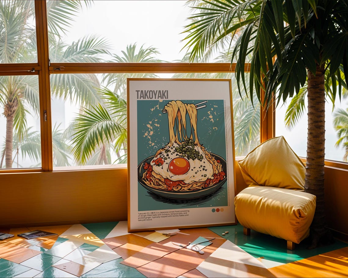 Takoyaki Noodle Bowl Egg Yolk Chopsticks Japanese Food Poster - Image 6