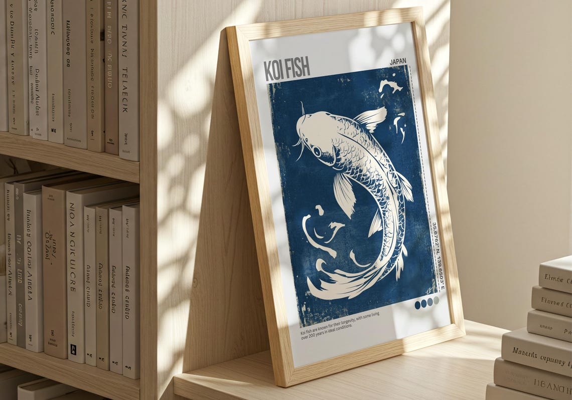Koi Fish Japan Blue Woodblock Pond Indigo Calm Nature Poster - Image 2