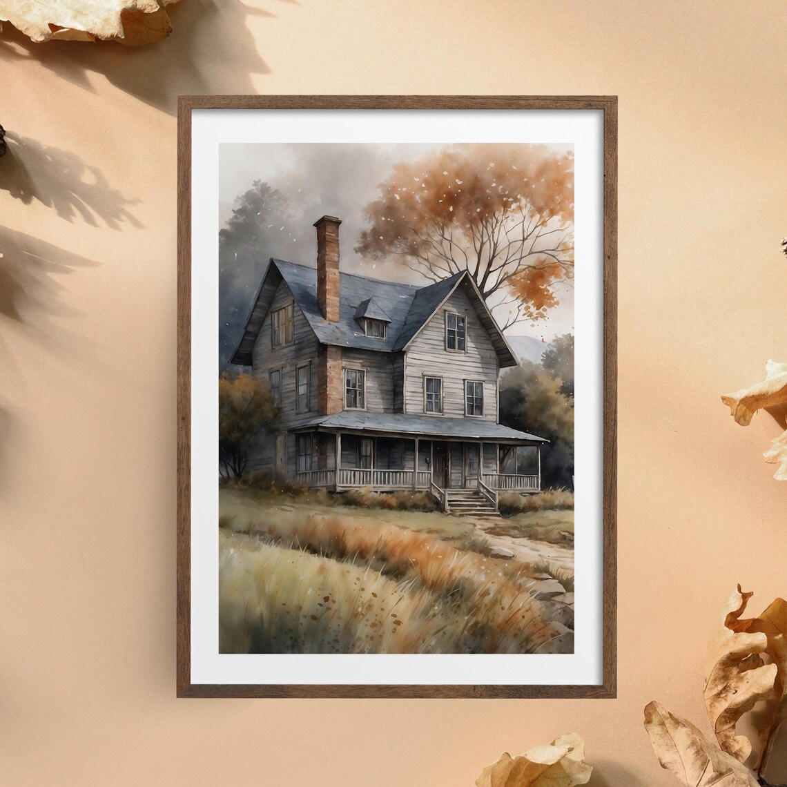Old Farmhouse Watercolor in Misty Autumn Field Landscape Art Poster
