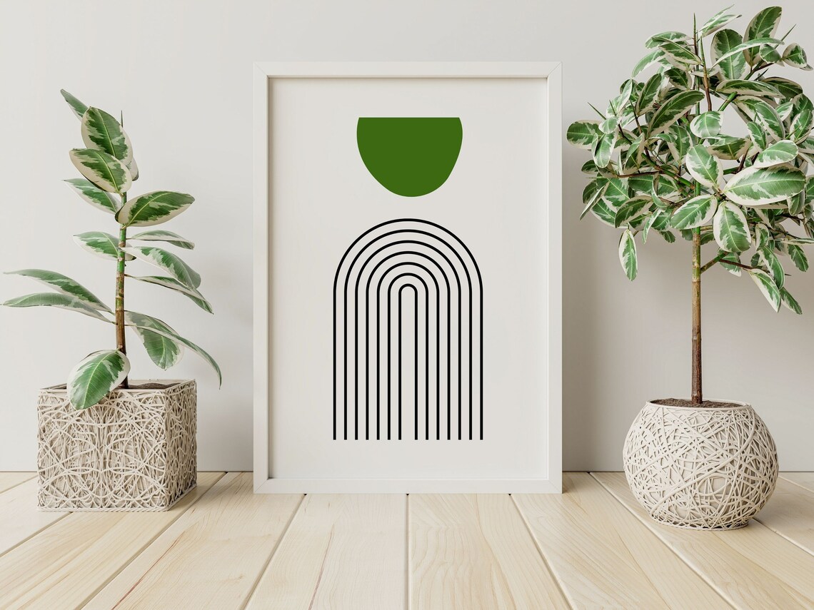 Minimalist Boho Rainbow Arch Line Art With Green Sun Modern Print
