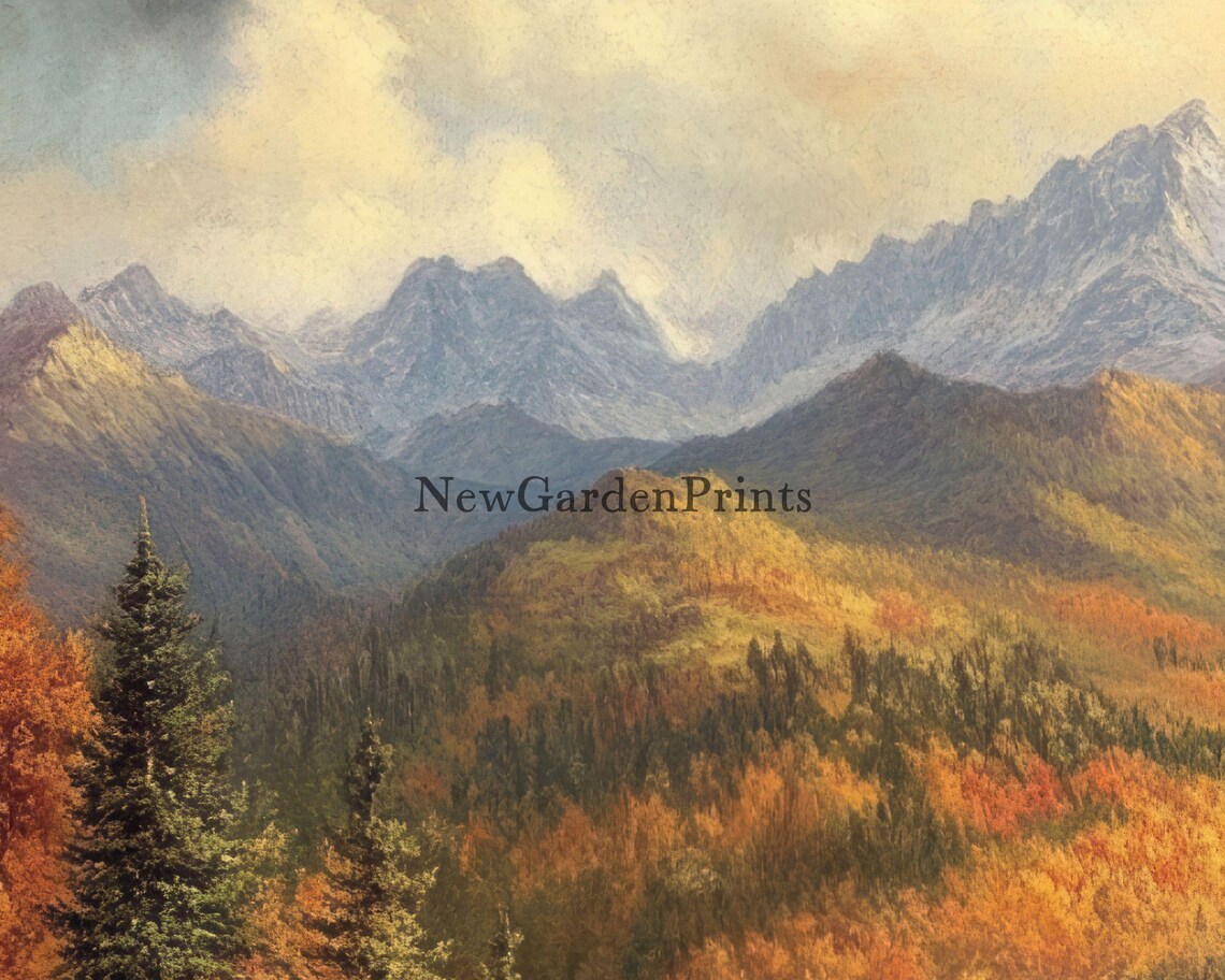 Vintage Autumn Mountain Forest Lake Fall Foliage Painting Poster - Image 2
