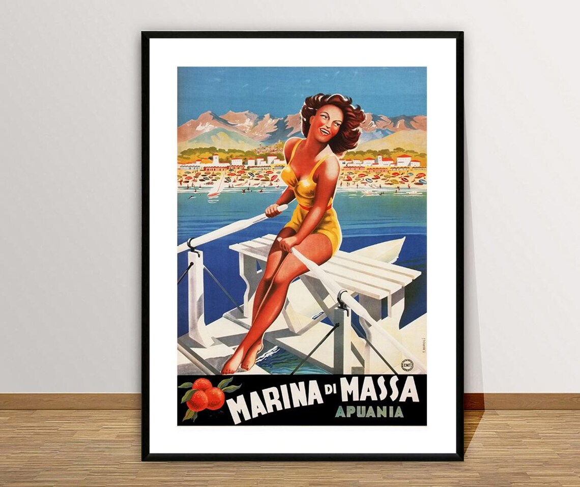 Marina di Massa Apuania Vintage Italian Beach Swimsuit Pin Up Poster - Image 2
