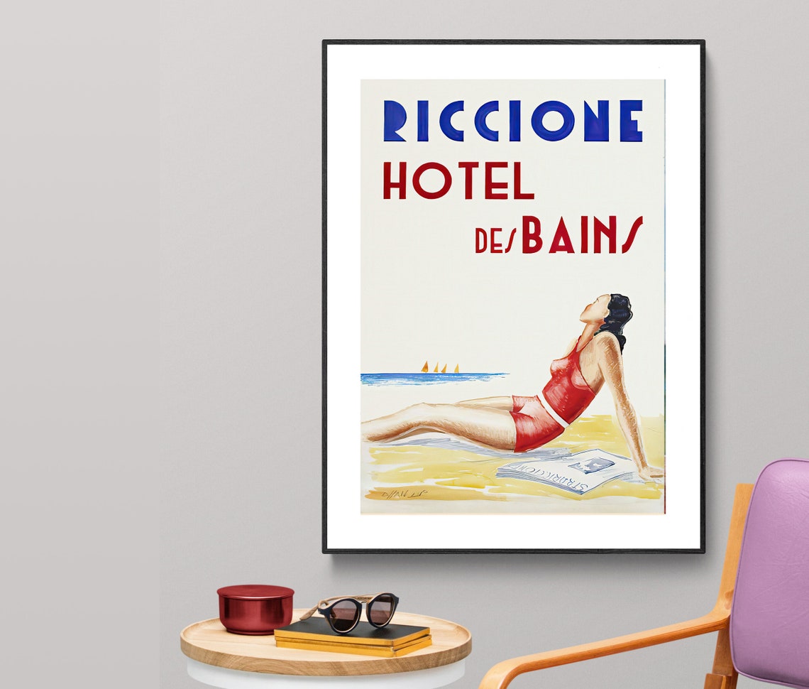 Riccione Hotel des Bains Vintage Italian Beach Sunbather Poster