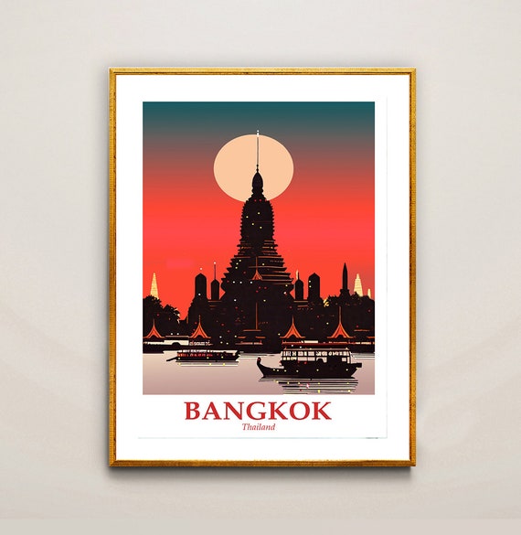 Bangkok Thailand Wat Arun Temple At Sunset Travel Poster By Wed Bangkok Poster Wall Decor Gift Idea