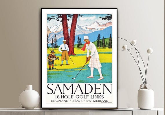Samaden 18 Hole Golf Links Schweiz Vintage Travel Poster Golf Art Print Gift Idea Wall Decor