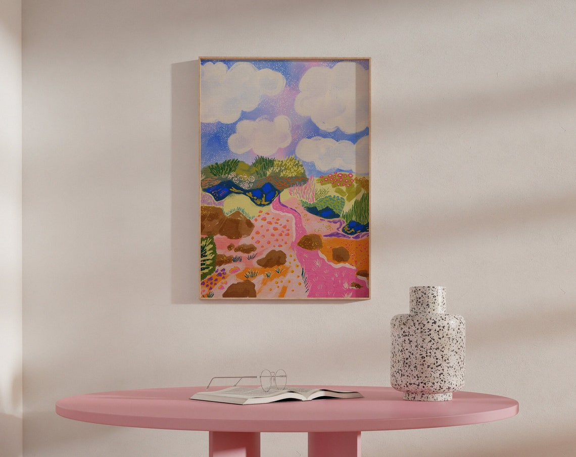 Vibrant Colorful Naive Folk Art Rolling Hills Landscape Wall Art