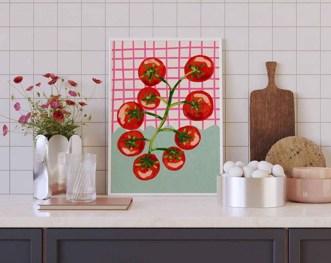 Hand Drawn Tomatoes Poster, Colorful Kitchen Art