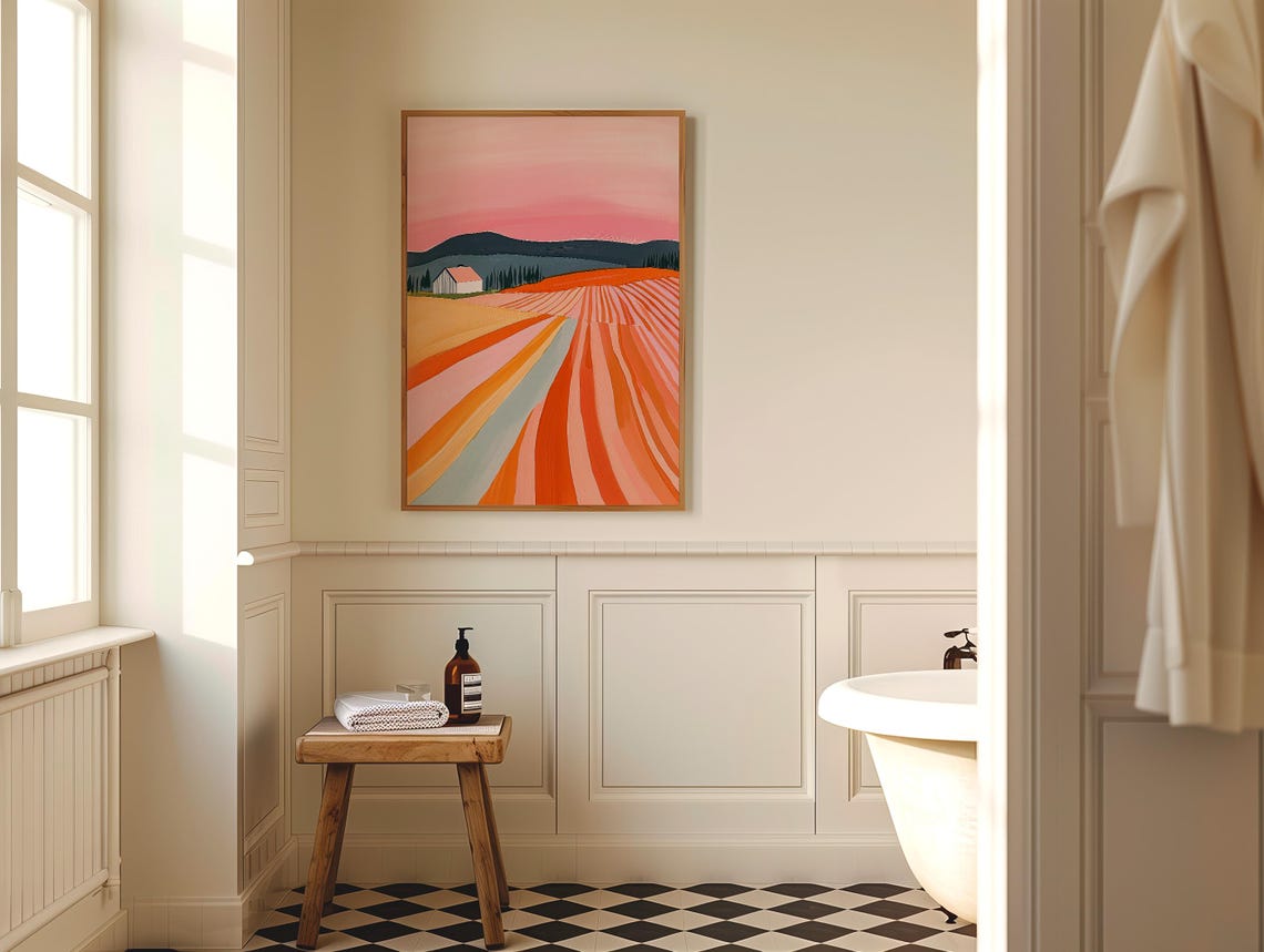 Vibrant Abstract Farm Landscape with Striped Fields at Sunset Poster - Image 5