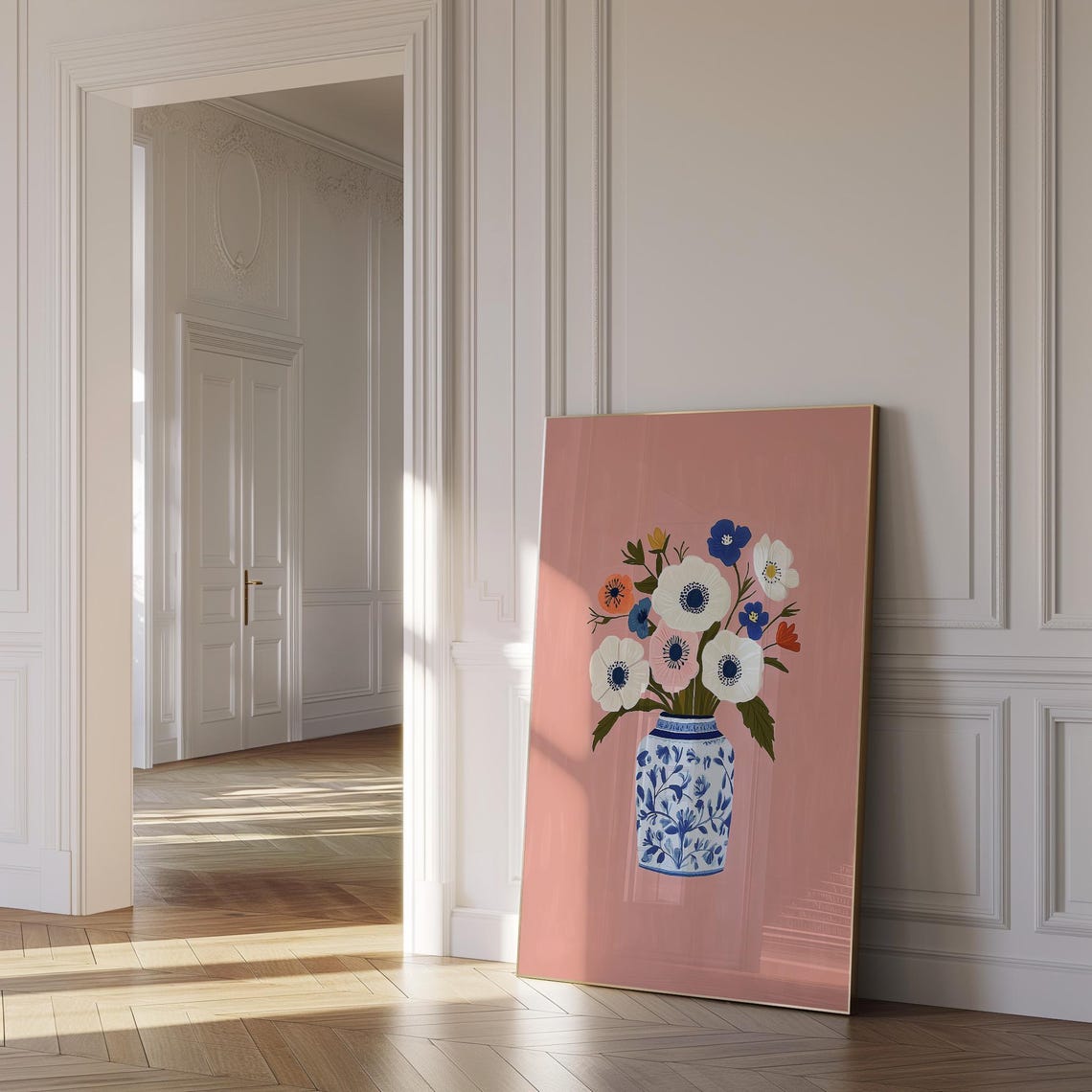 Colorful Anemone Bouquet in Blue and White Vase on Blush Pink Print - Image 2