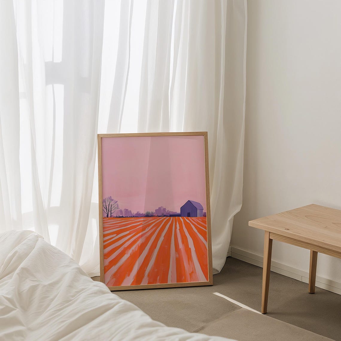 Pink Sky Farm Landscape with Purple Barn and Orange Field Poster - Image 5