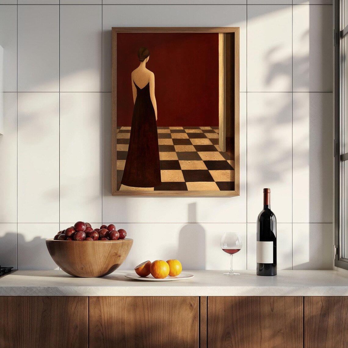 Elegant Woman in Black Dress in Red Room Checkered Floor Poster - Image 2