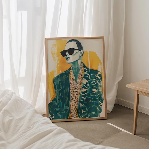 Chic Fashion Woman in Sunglasses and Leopard Patterned Blazer Poster