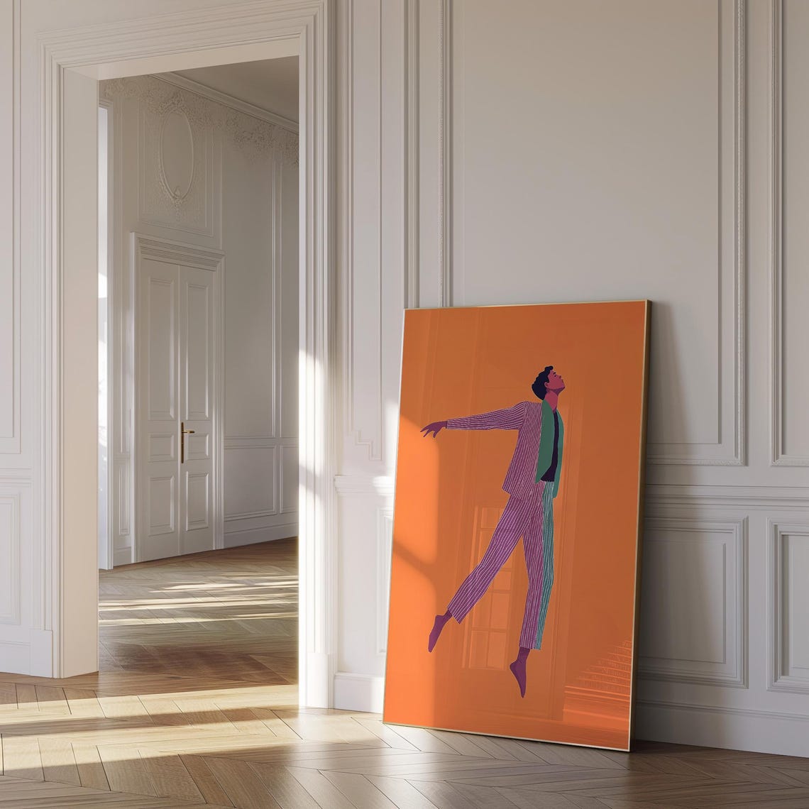 Dancing Man Striped Suit Orange Ground Modern Art Wall Poster - Image 2
