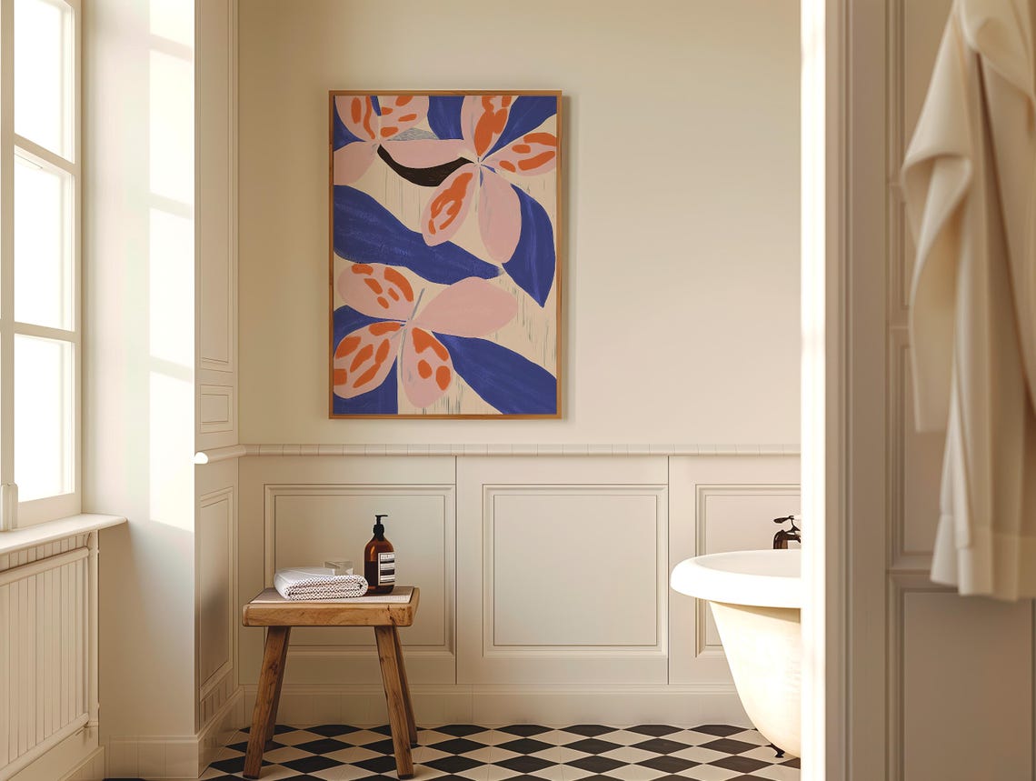 Vibrant Bold Blue Pink Orange Floral Modern Botanical Art Poster - Image 4