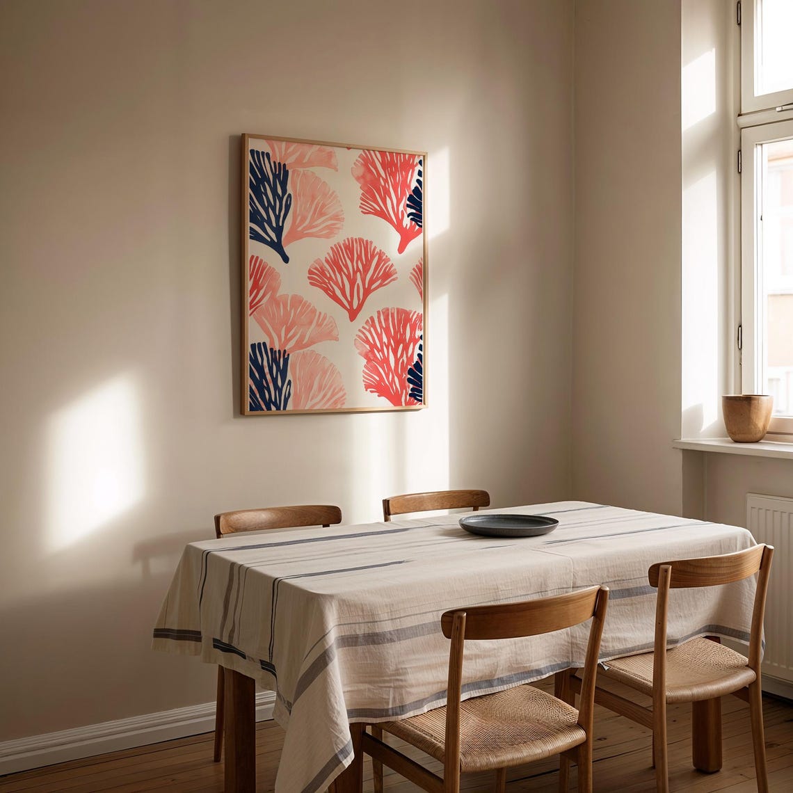 Coral Red and Navy Sea Fan Watercolor Coastal Pattern Poster - Image 3