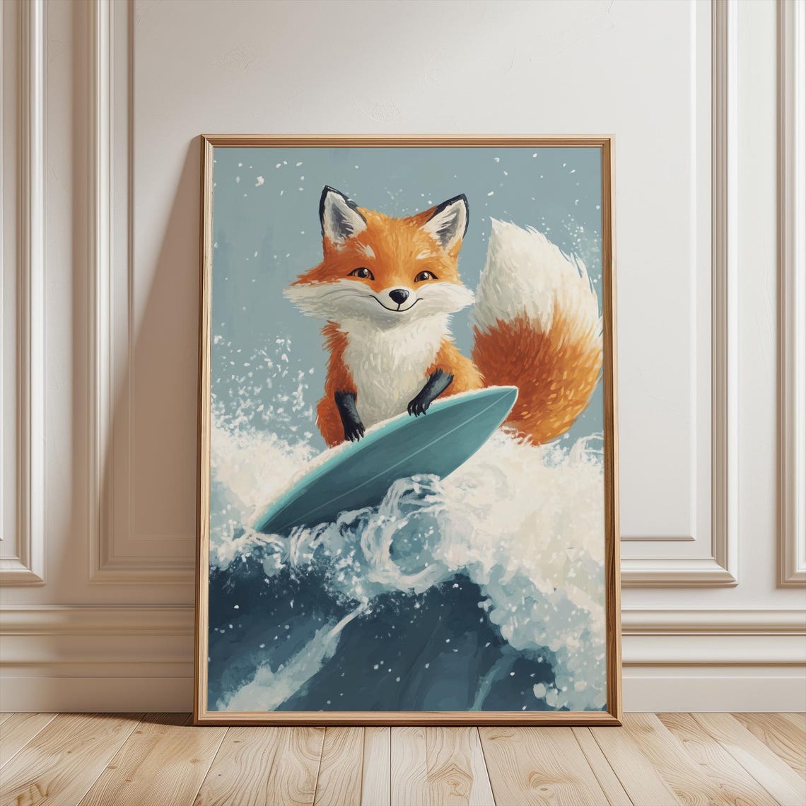 Cute Happy Fox Surfing a Big Ocean Wave Nursery Animal Art Poster - Image 2