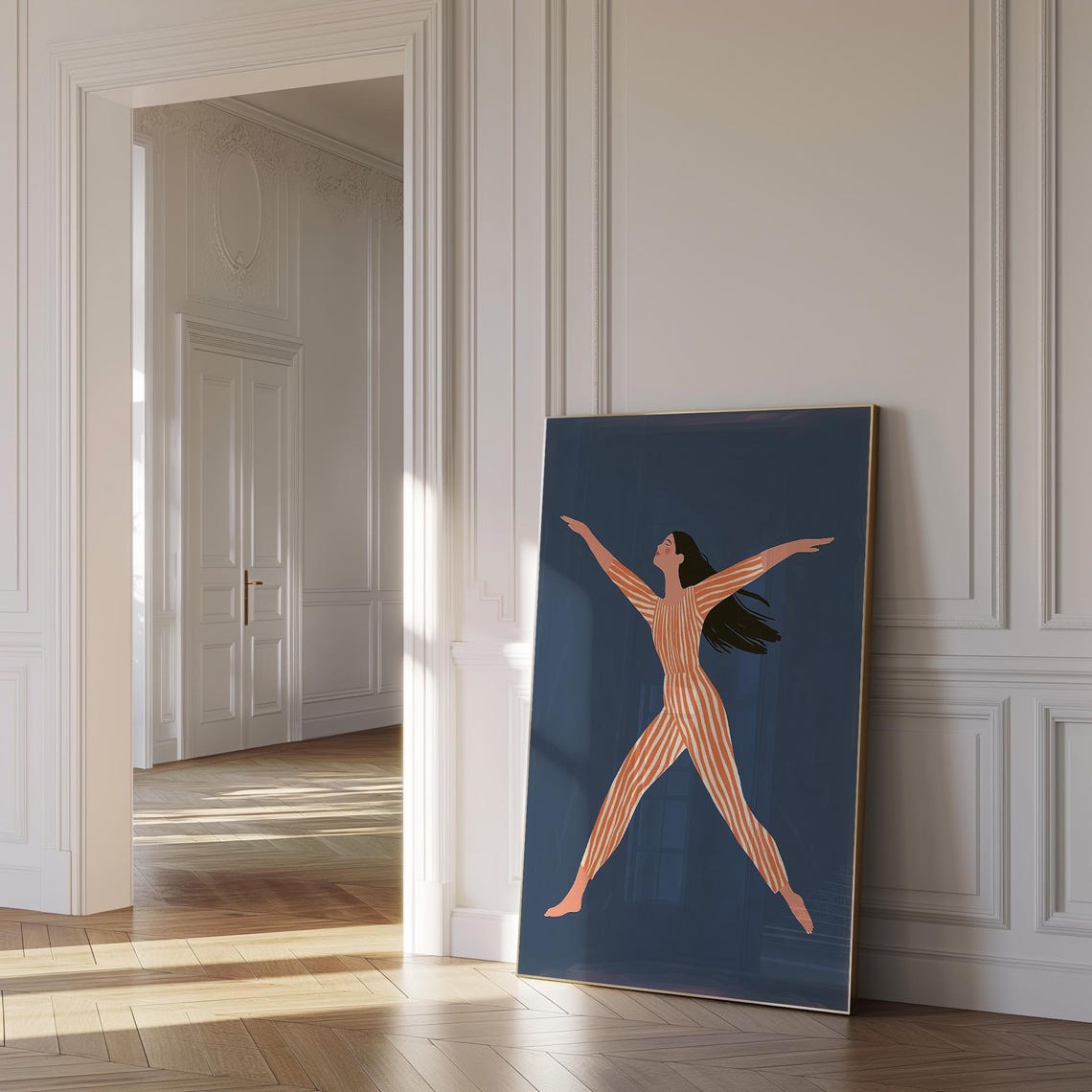 Dancing Woman in Orange Striped Jumpsuit Caught Mid Leap Poster - Image 2