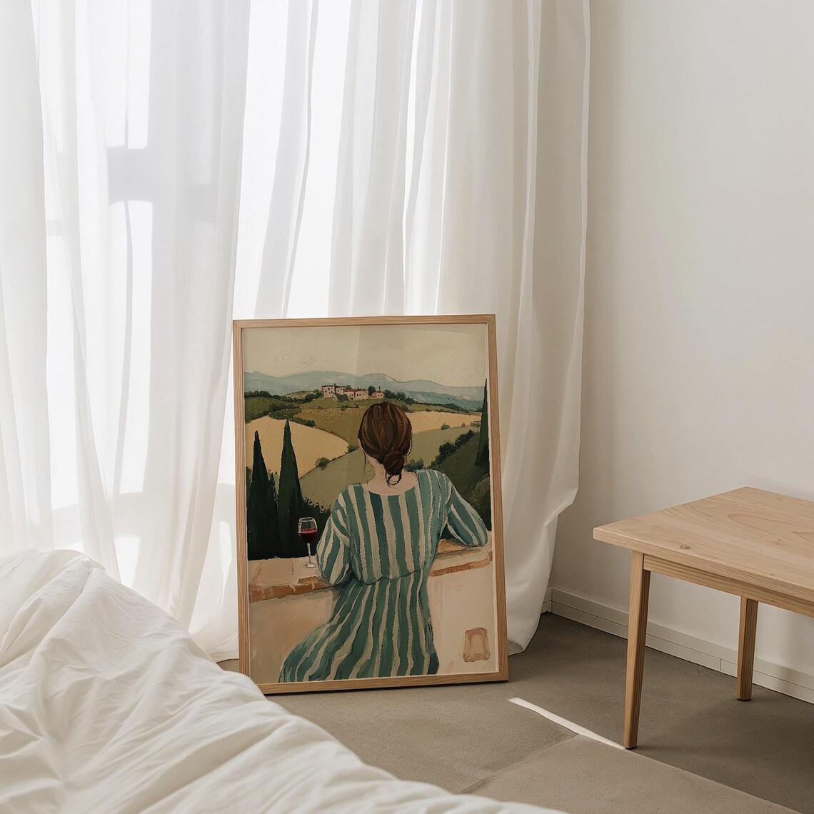 Woman Overlooking Tuscany Hills with Glass of Red Wine Poster - Image 3