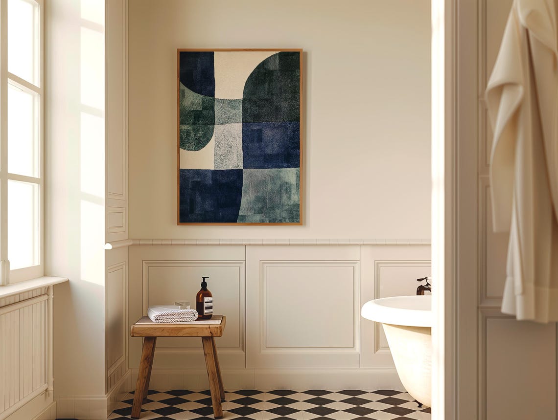 Textured Mid Century Blue Geometric Arches Modern Abstract Poster - Image 3