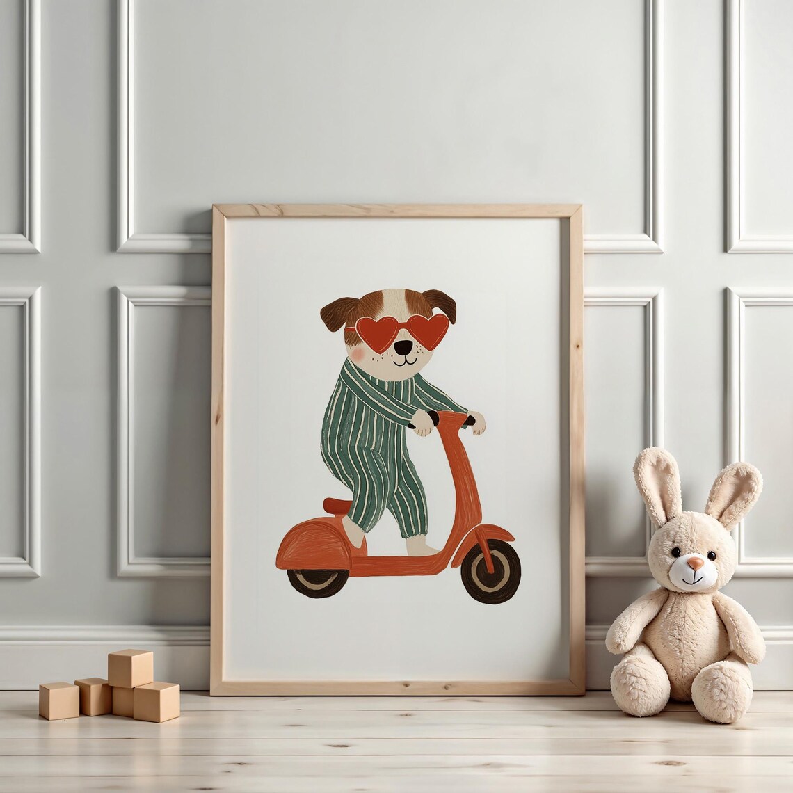 Playful Cool Dog in Sunglasses Riding Scooter Nursery Art Poster - Image 2