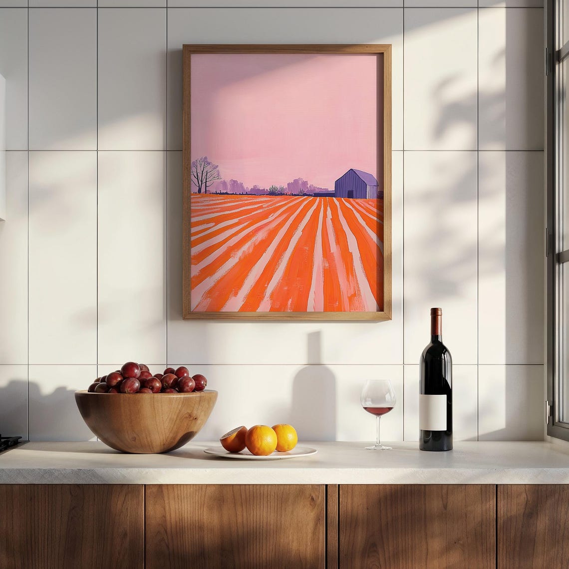 Pink Sky Farm Landscape with Purple Barn and Orange Field Poster - Image 2