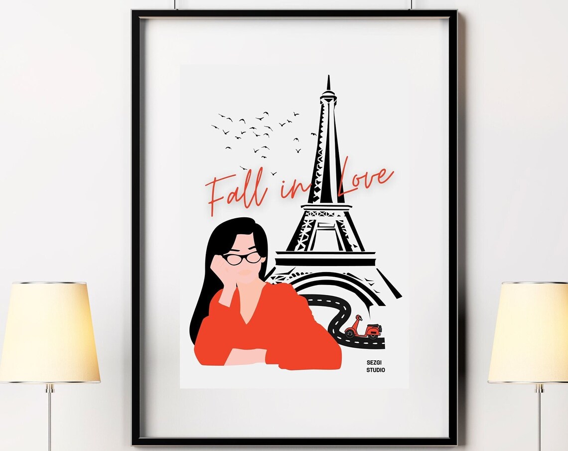 Fall in Love Paris Eiffel Tower Woman Illustration Red Travel Poster