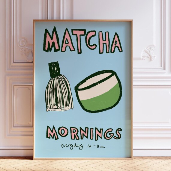 Matcha Mornings Poster Retro Drink Art Cafe Poster Matcha Latte Print Mid Century Print Matcha Sketch Kitchen Print Hand Drawn Print