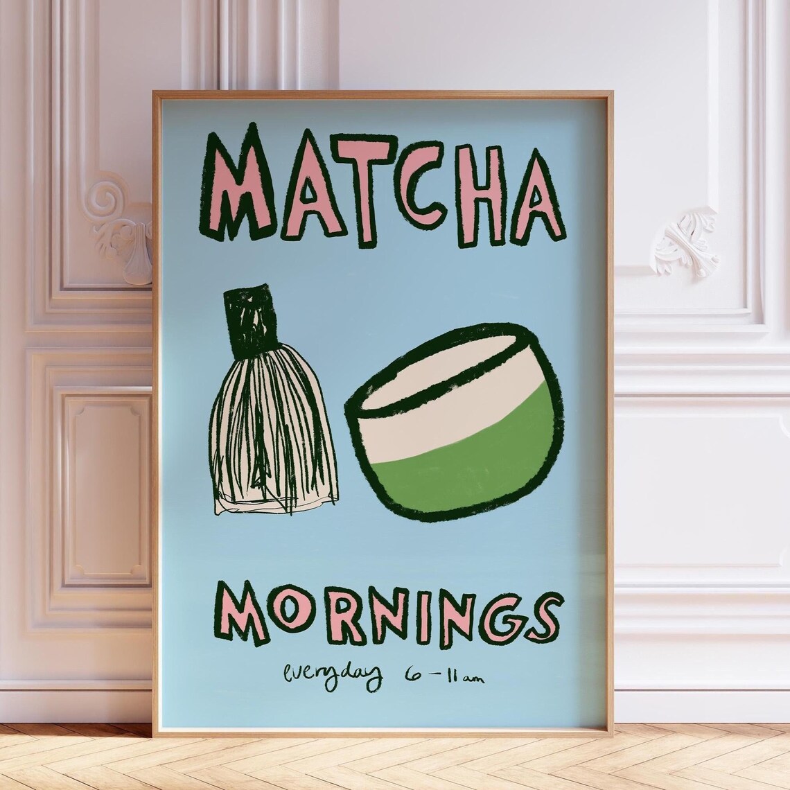 Matcha Mornings Poster Retro Drink Art Cafe Poster Matcha Latte Print Mid Century Print Matcha Sketch Kitchen Print Hand Drawn Print