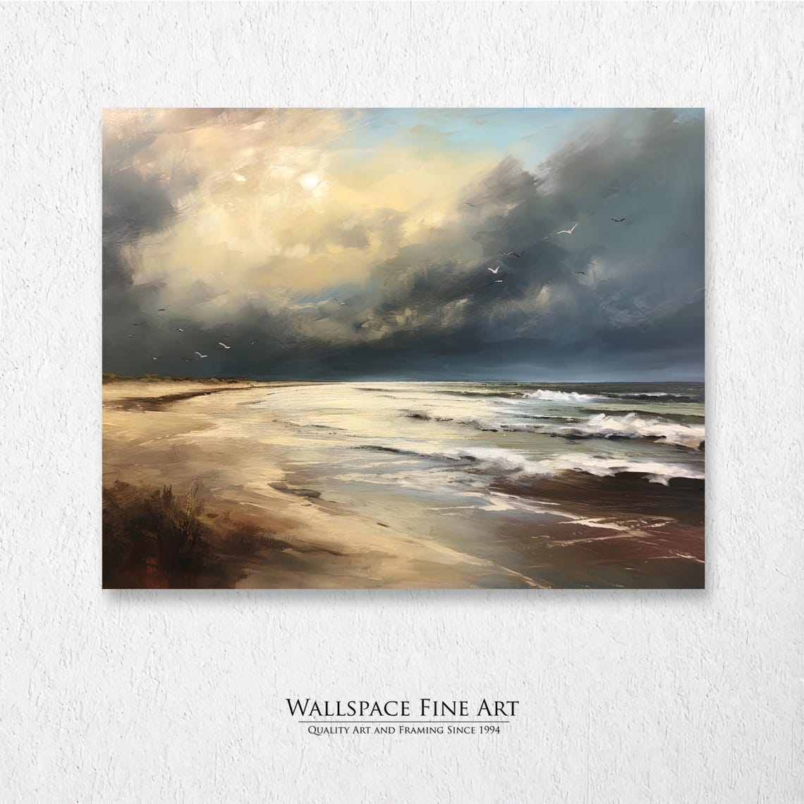 Moody Stormy Beach Cloudy Seascape Seagulls Oil Painting Poster