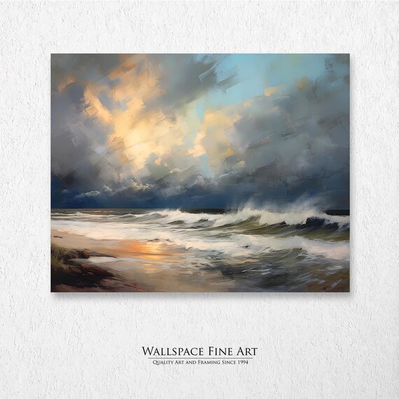 Stormy Ocean Waves Cloudy Beach Moody Old World Seascape Poster