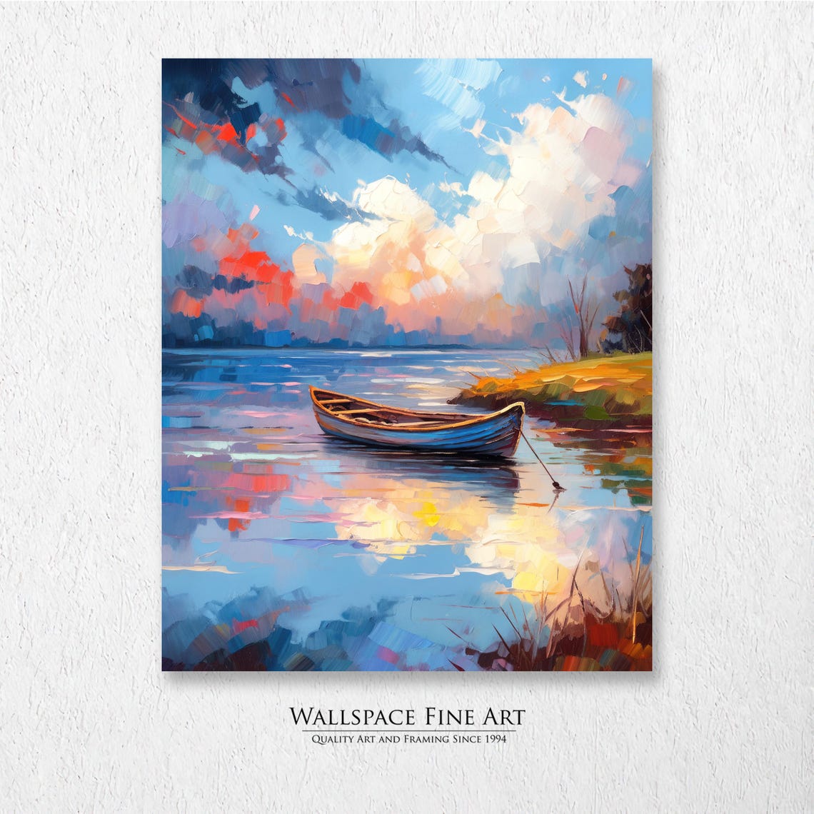 Lone Rowboat on Calm Lake at Colorful Sunset Oil Painting Poster