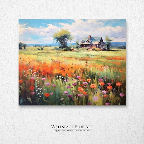 Spring Wildflower Meadow with Farmhouse Cottage Landscape Painting Poster