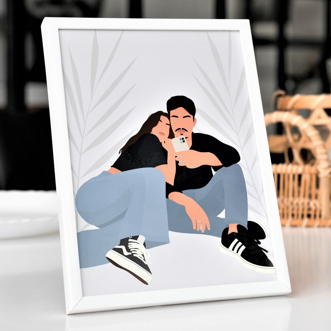 Minimalist Couple Looking At Phone Custom Illustration Poster