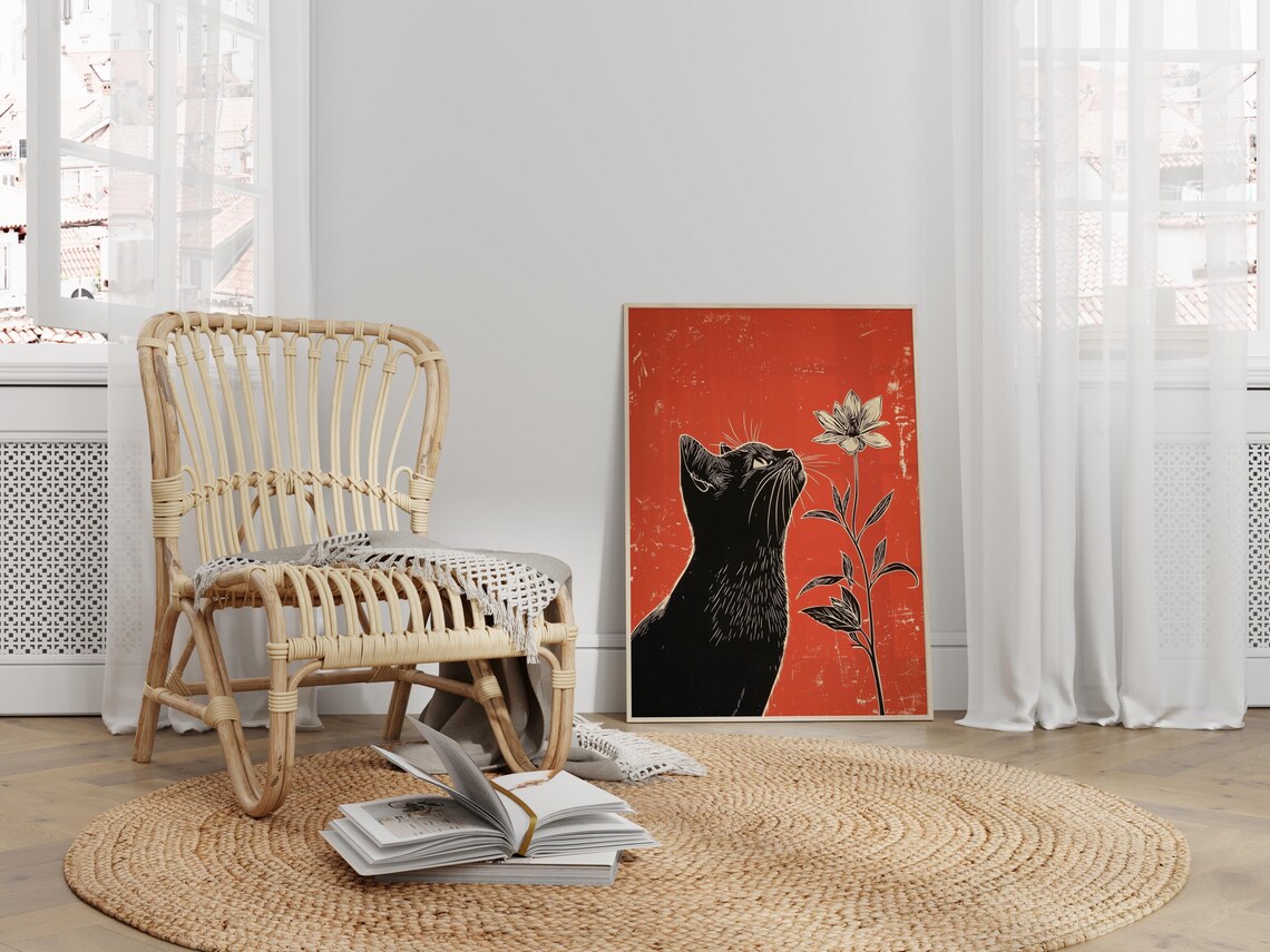 Black Cat And Flower Minimalist Art Print - Image 2