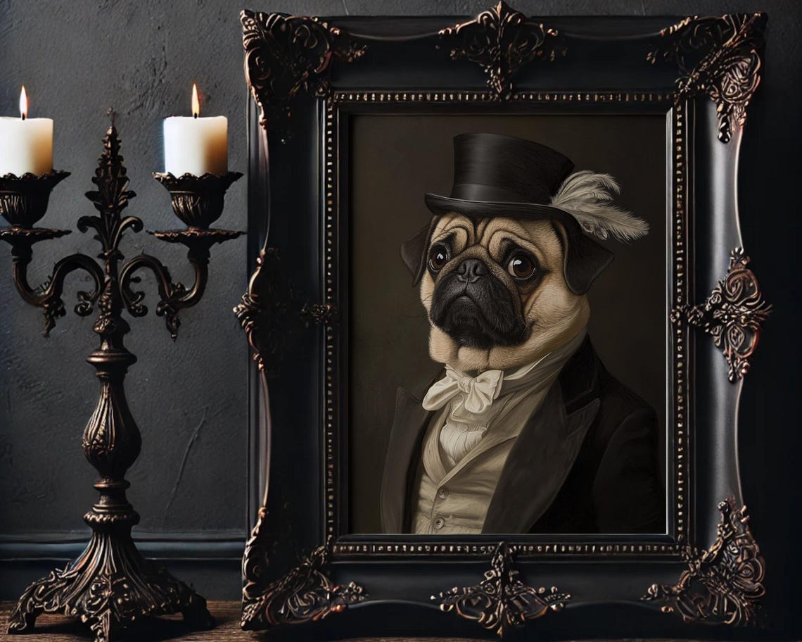 Victorian Pug Portrait Funny Gothic Dog Wall Art