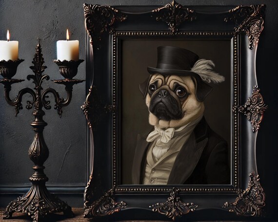 Victorian Pug Gentleman Plumed Top Hat Dark Academia Portrait Poster