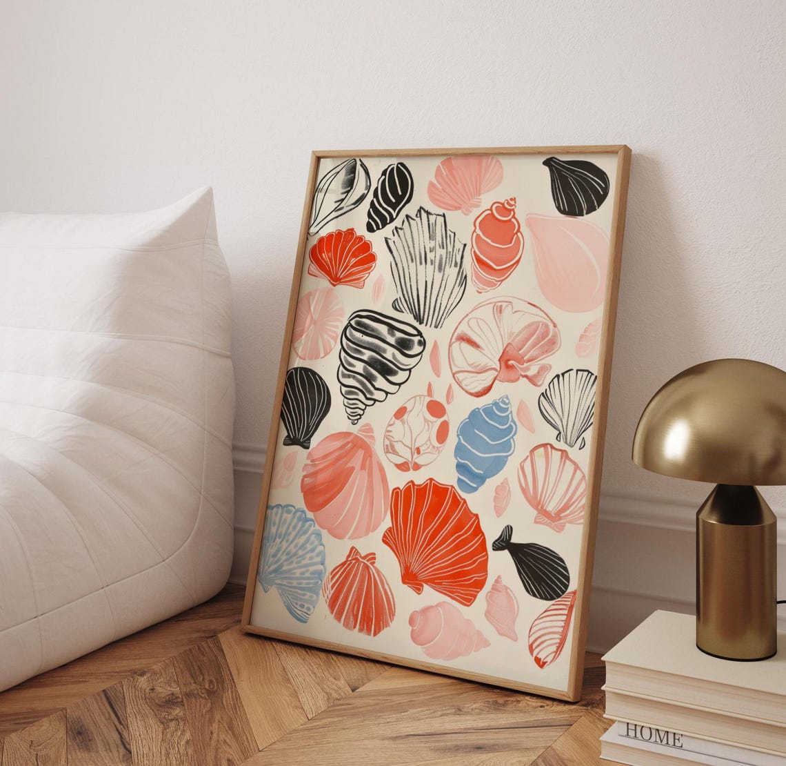 Colorful Seashell Illustration Bold Coral Blue Coastal Poster